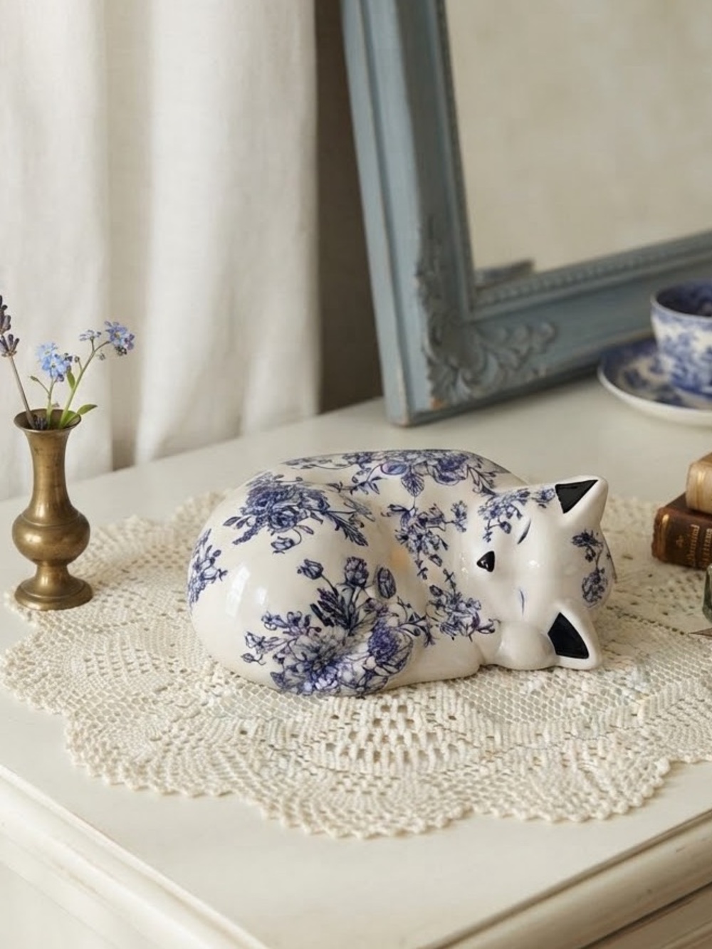 Darling Blue & White Floral Sleeping Ceramic Cat by Surry & Selena - 7” long